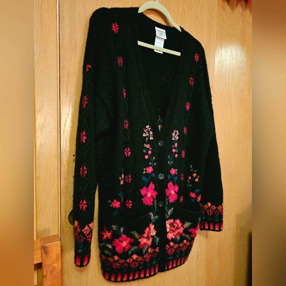 Laura Ashley Black and Pink Floral Cardigan Sweater XL Button Down